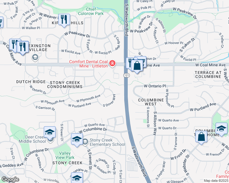 map of restaurants, bars, coffee shops, grocery stores, and more near 6866 South Dover Way in Littleton