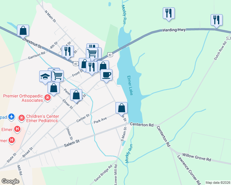 map of restaurants, bars, coffee shops, grocery stores, and more near 26 Church Street in Elmer