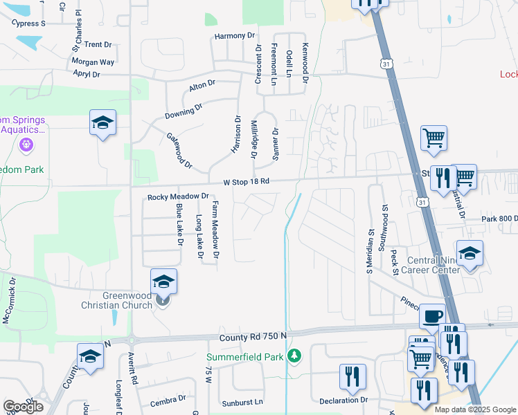 map of restaurants, bars, coffee shops, grocery stores, and more near 1630 Saddle Lane in Greenwood