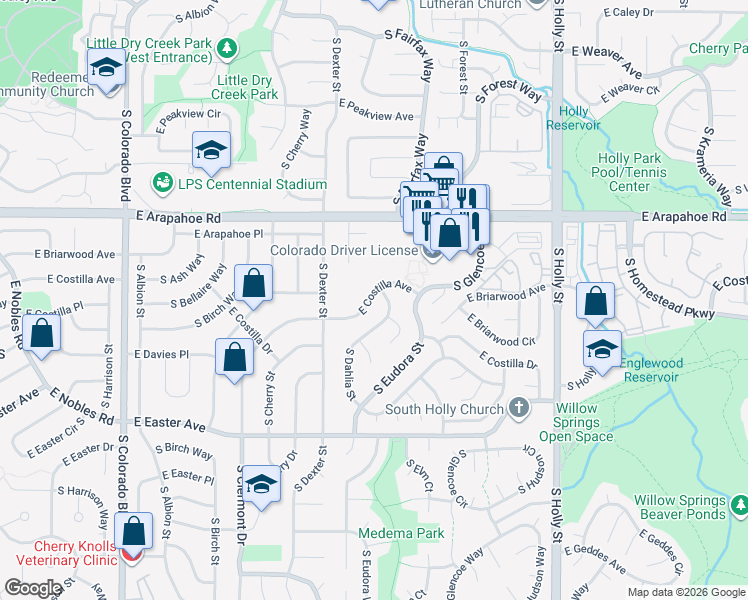 map of restaurants, bars, coffee shops, grocery stores, and more near 4782 East Costilla Avenue in Centennial