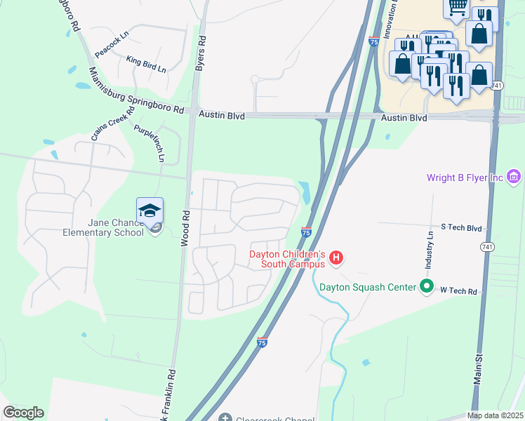 map of restaurants, bars, coffee shops, grocery stores, and more near 10621 Aldora Drive in Miamisburg
