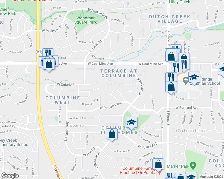 map of restaurants, bars, coffee shops, grocery stores, and more near 6832 South Webster Way in Littleton