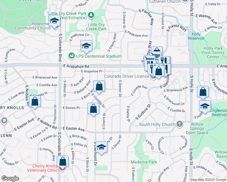 map of restaurants, bars, coffee shops, grocery stores, and more near 4630 East Briarwood Place in Centennial