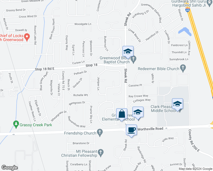 map of restaurants, bars, coffee shops, grocery stores, and more near 1074 Boxwood Lane in Greenwood