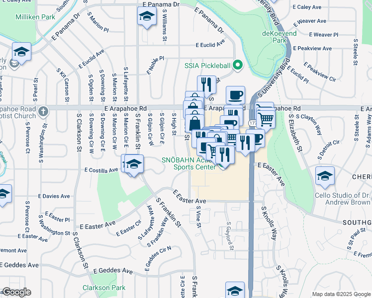 map of restaurants, bars, coffee shops, grocery stores, and more near 6881 South Race Street in Littleton