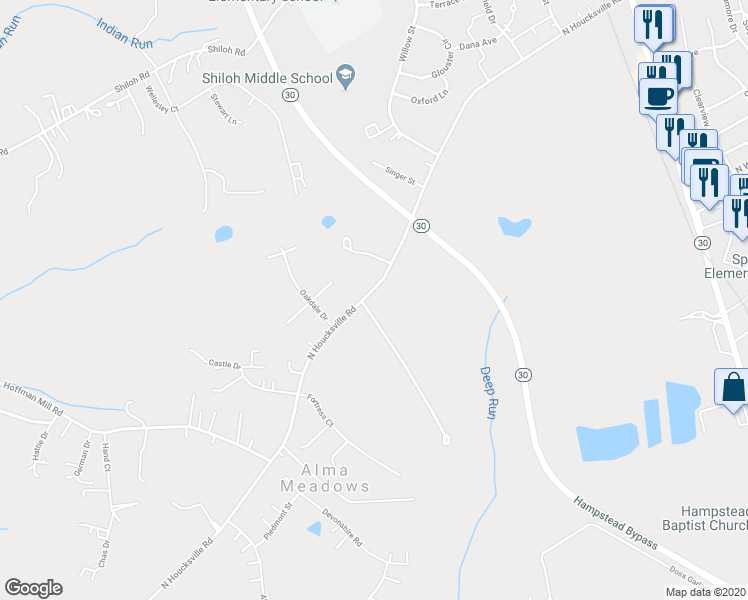 map of restaurants, bars, coffee shops, grocery stores, and more near 713 North Houcksville Road in Hampstead