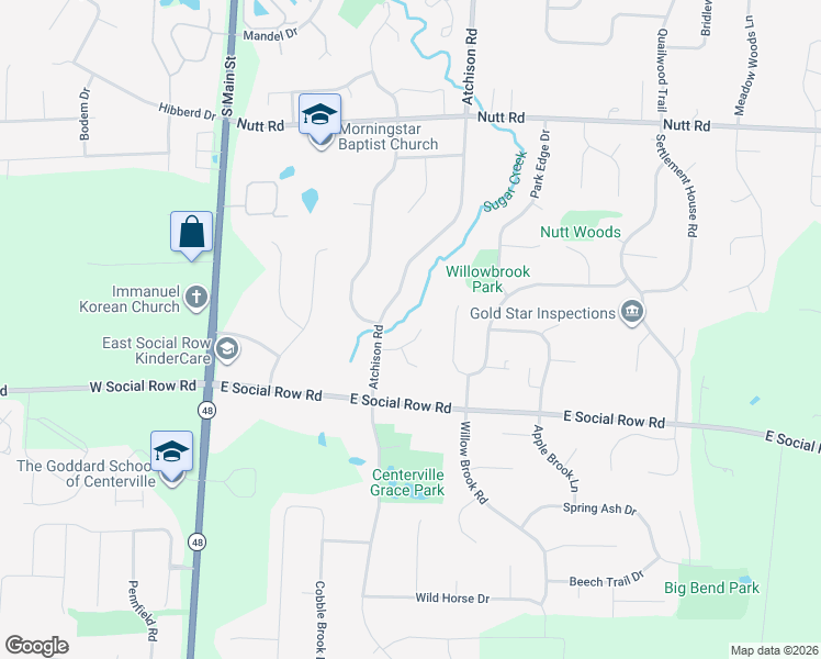 map of restaurants, bars, coffee shops, grocery stores, and more near 449 Ridge Line Court in Centerville