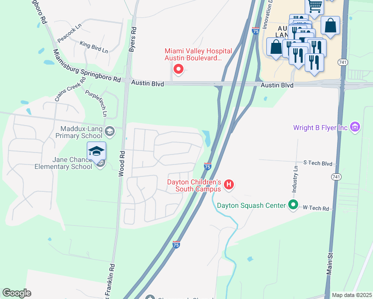 map of restaurants, bars, coffee shops, grocery stores, and more near 10667 Aldora Drive in Miamisburg