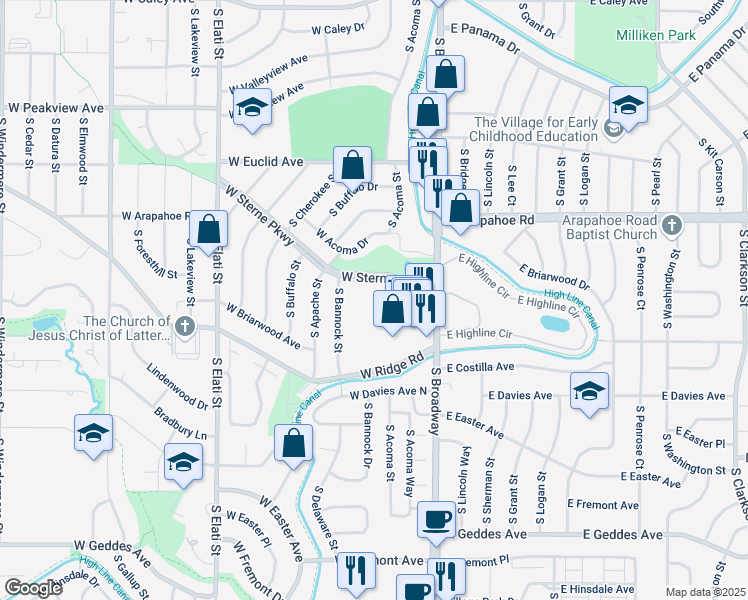 map of restaurants, bars, coffee shops, grocery stores, and more near 200 West Sterne Parkway in Littleton