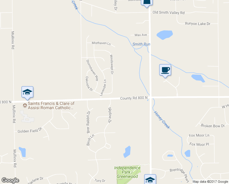 map of restaurants, bars, coffee shops, grocery stores, and more near 1591 Windswept Drive in Greenwood