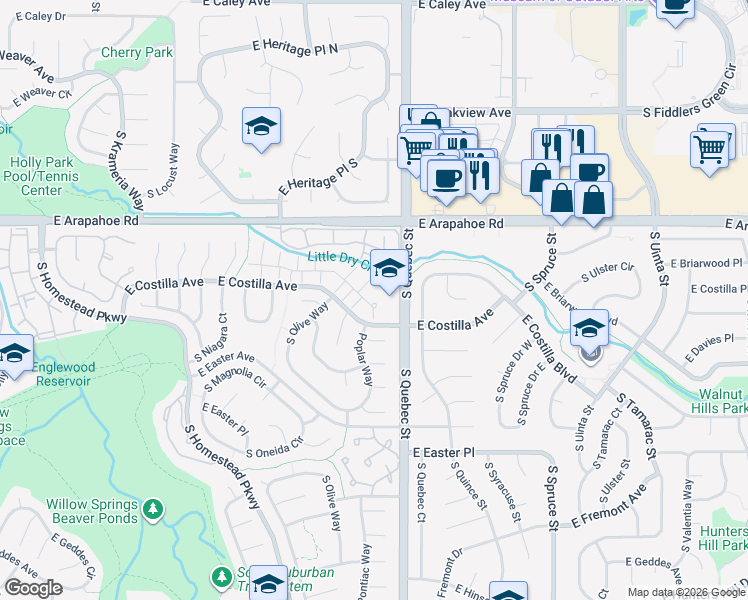 map of restaurants, bars, coffee shops, grocery stores, and more near 7161 East Briarwood Drive in Centennial