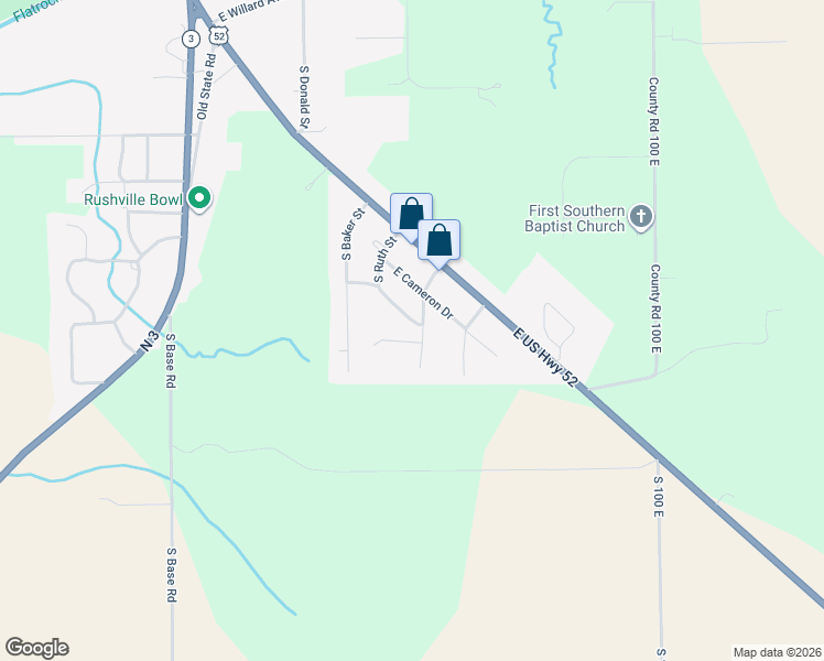 map of restaurants, bars, coffee shops, grocery stores, and more near 1377 South Ruth Street in Rushville