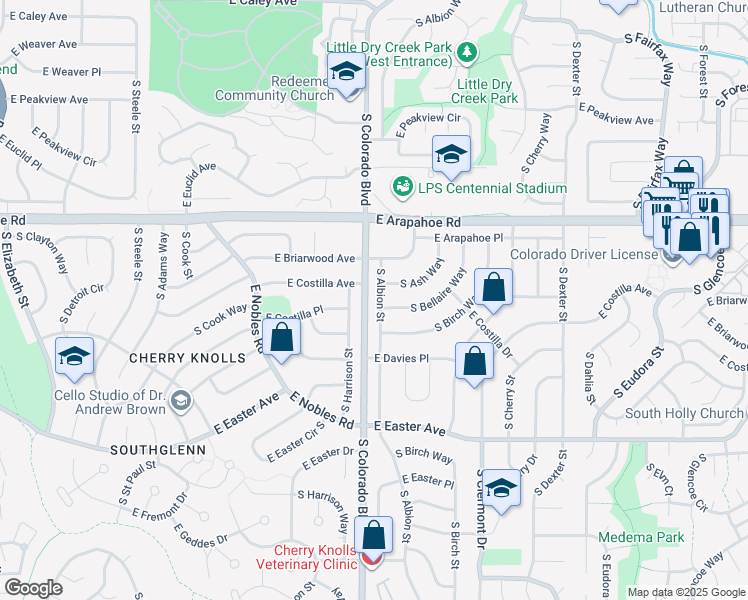 map of restaurants, bars, coffee shops, grocery stores, and more near 6820 South Harrison Street in Centennial