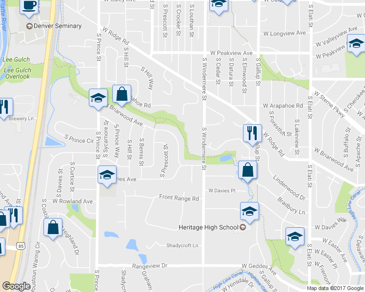 map of restaurants, bars, coffee shops, grocery stores, and more near 1881 West Briarwood Avenue in Littleton