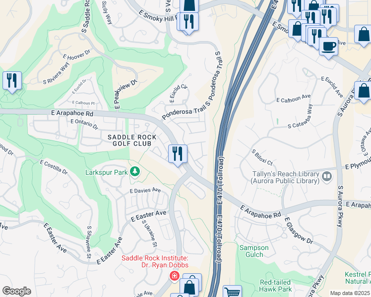 map of restaurants, bars, coffee shops, grocery stores, and more near 6815 South Versailles Way in Aurora