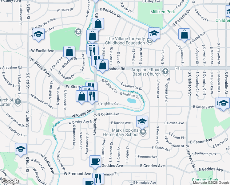 map of restaurants, bars, coffee shops, grocery stores, and more near 230 East Highline Circle in Centennial