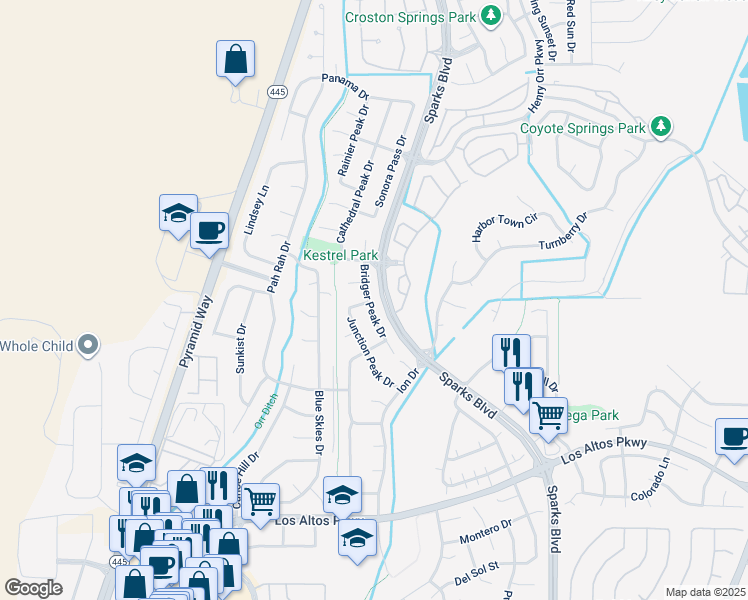 map of restaurants, bars, coffee shops, grocery stores, and more near 5570 Bridger Peak Drive in Sparks