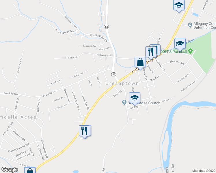 map of restaurants, bars, coffee shops, grocery stores, and more near 14811 McMullen Highway Southwest in Cresaptown