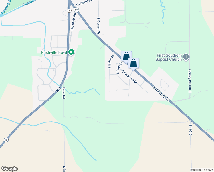 map of restaurants, bars, coffee shops, grocery stores, and more near 1397 South Baker Street in Rushville