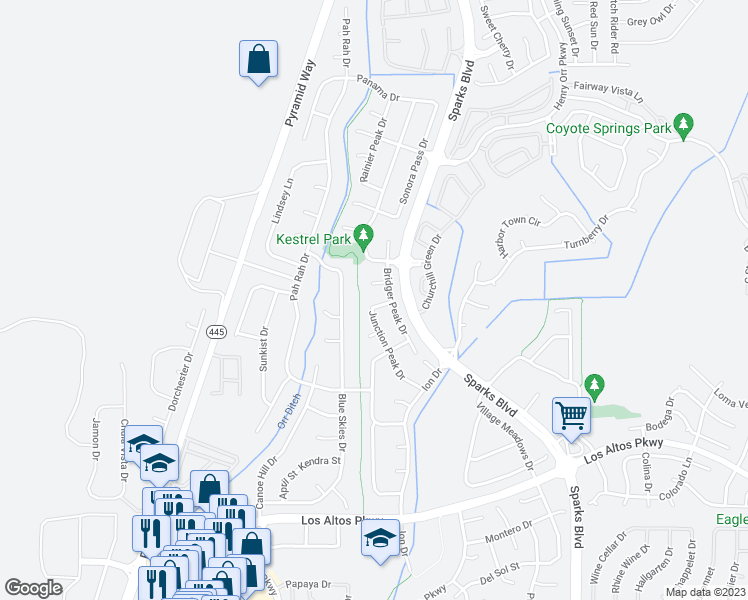 map of restaurants, bars, coffee shops, grocery stores, and more near 5567 Junction Peak Drive in Sparks