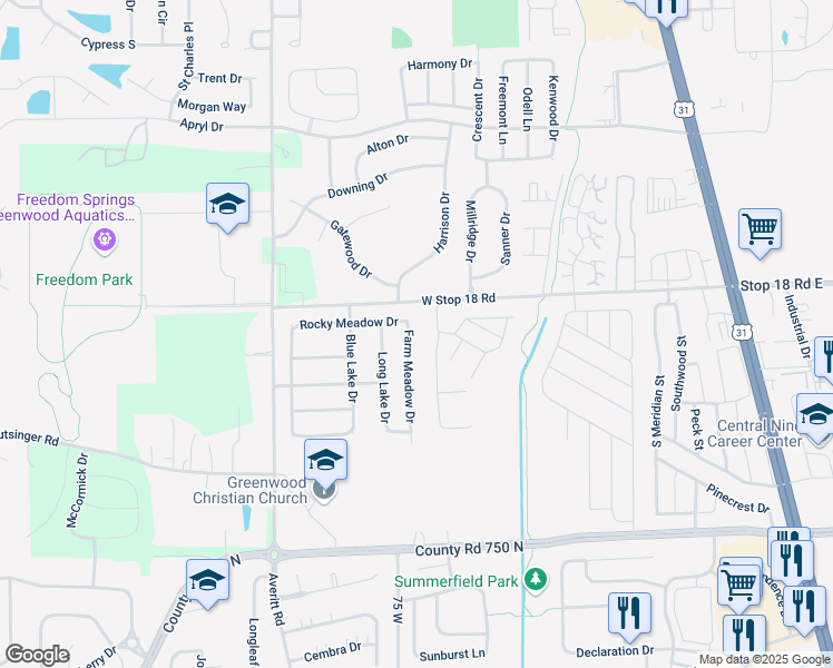 map of restaurants, bars, coffee shops, grocery stores, and more near 1653 Farm Meadow Drive in Greenwood