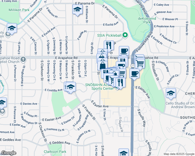 map of restaurants, bars, coffee shops, grocery stores, and more near 6881 South Race Street in Littleton