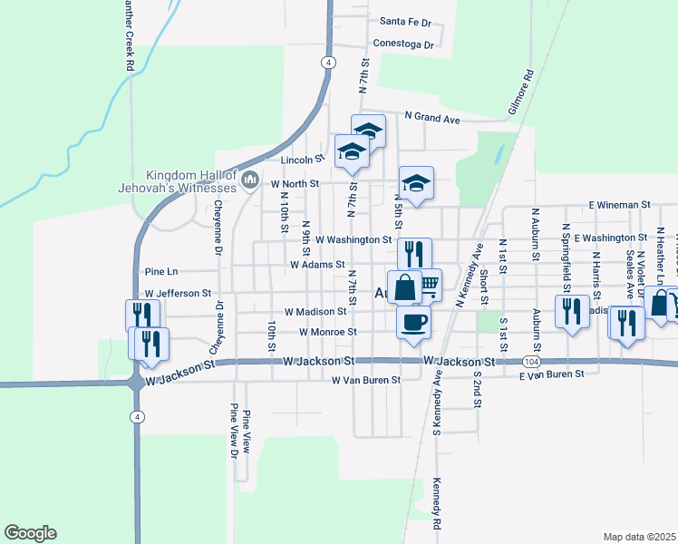 map of restaurants, bars, coffee shops, grocery stores, and more near 719 West Adams Street in Auburn