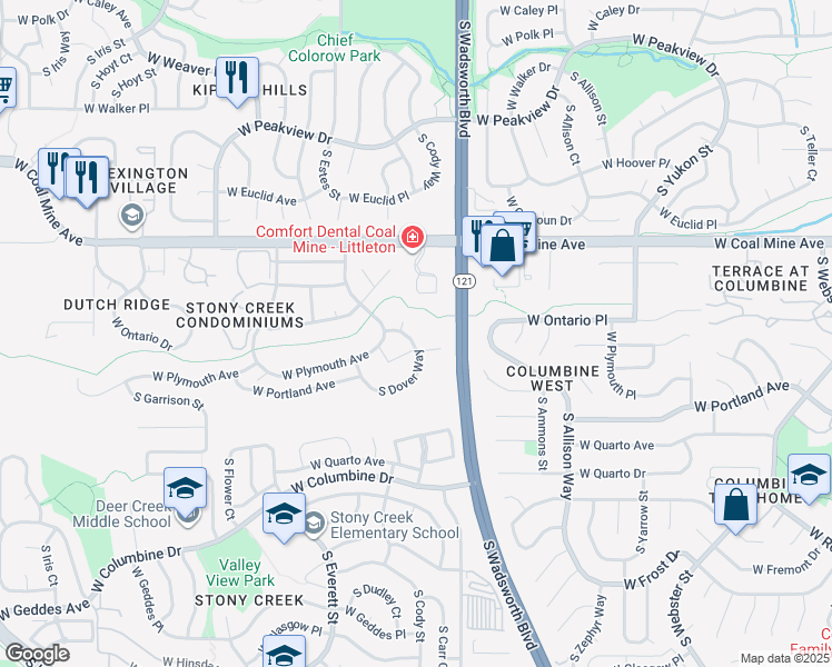 map of restaurants, bars, coffee shops, grocery stores, and more near 6866 South Dover Way in Littleton