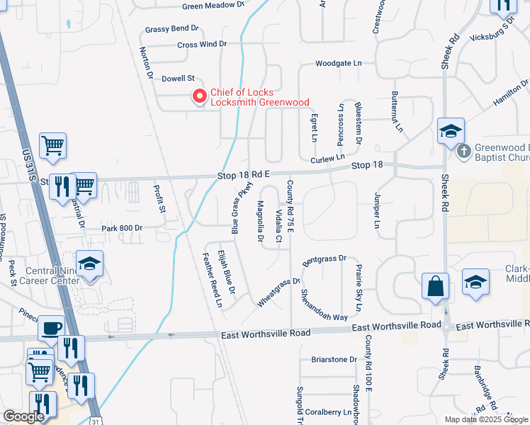 map of restaurants, bars, coffee shops, grocery stores, and more near 1681 Magnolia Drive in Greenwood