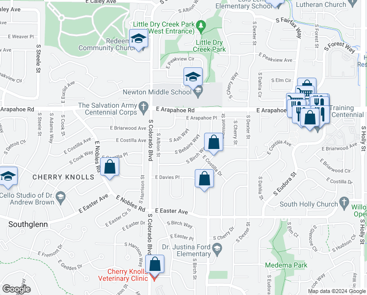 map of restaurants, bars, coffee shops, grocery stores, and more near 6825 South Bellaire Way in Centennial