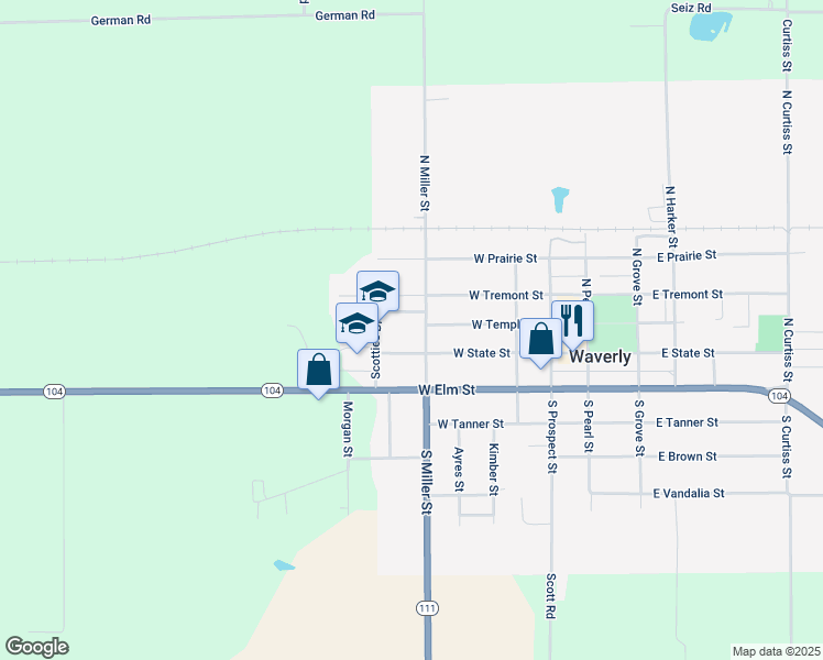 map of restaurants, bars, coffee shops, grocery stores, and more near 201 North Miller Street in Waverly
