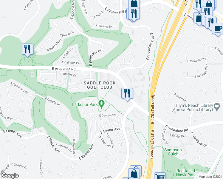 map of restaurants, bars, coffee shops, grocery stores, and more near 22089 East Ottawa Place in Aurora