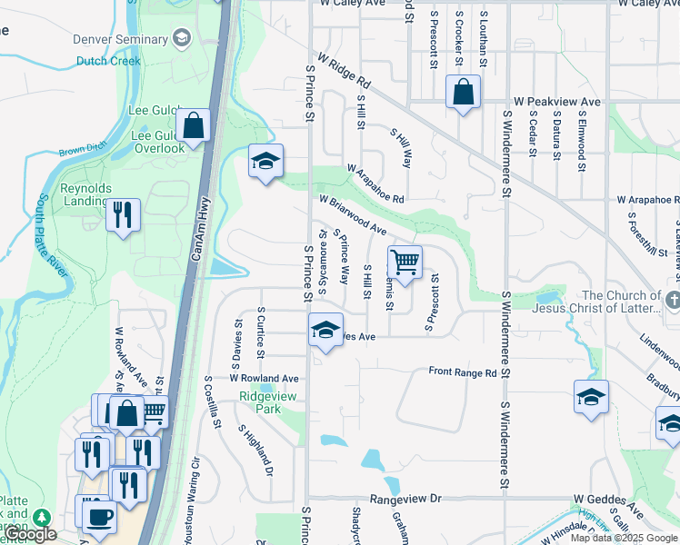 map of restaurants, bars, coffee shops, grocery stores, and more near 6899 South Prince Way in Littleton