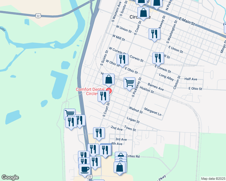 map of restaurants, bars, coffee shops, grocery stores, and more near 909 South Court Street in Circleville