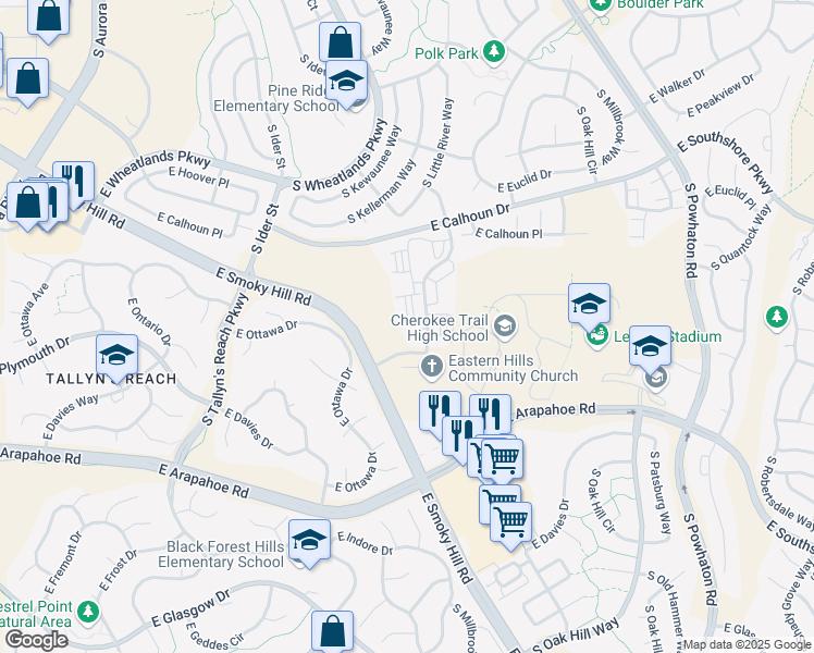 map of restaurants, bars, coffee shops, grocery stores, and more near 6835 South Langdale Street in Aurora