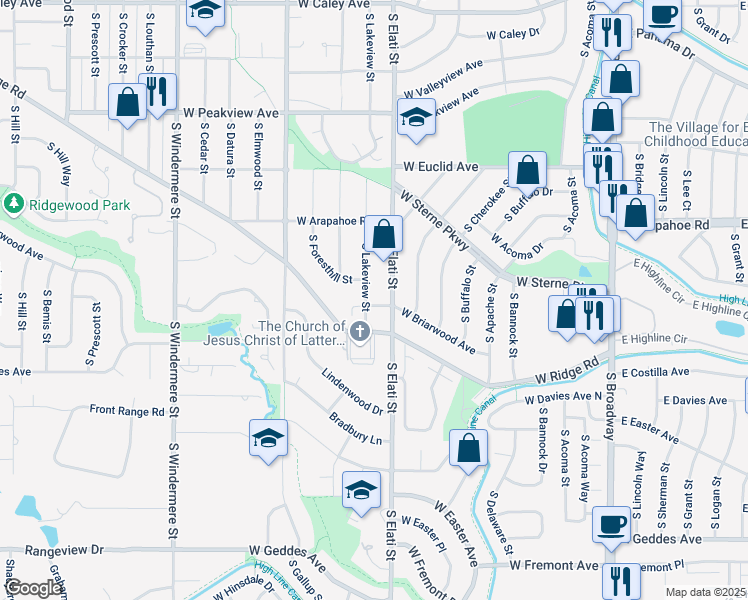 map of restaurants, bars, coffee shops, grocery stores, and more near 6974 South Lakeview Street in Littleton
