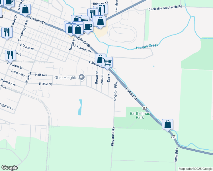 map of restaurants, bars, coffee shops, grocery stores, and more near 367 Eva Drive in Circleville