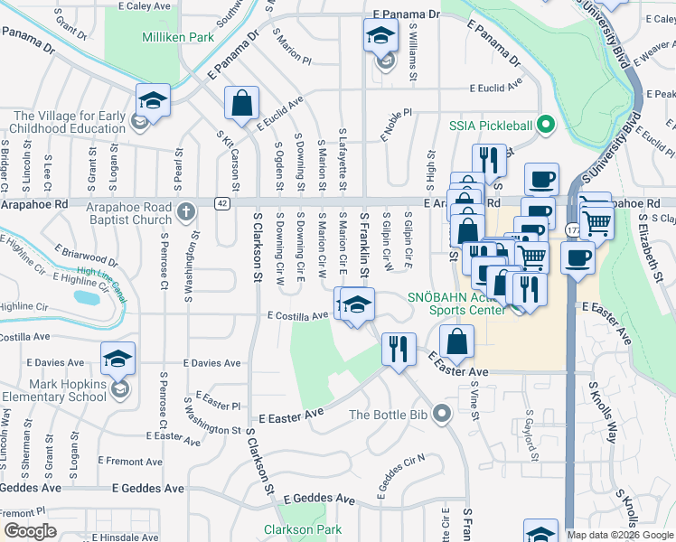 map of restaurants, bars, coffee shops, grocery stores, and more near 6835 South Marion Circle West in Centennial