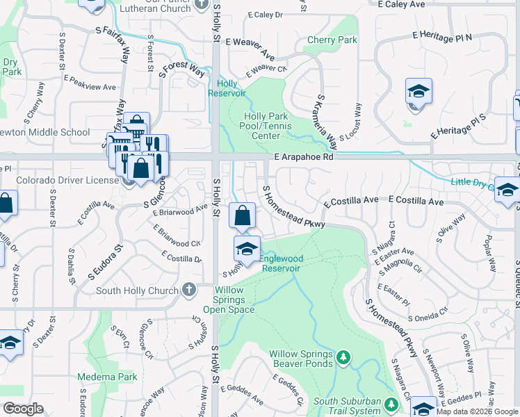 map of restaurants, bars, coffee shops, grocery stores, and more near 6827 South Ivy Street in Centennial