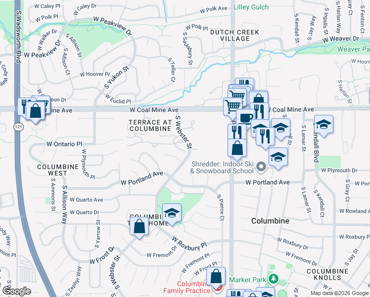 map of restaurants, bars, coffee shops, grocery stores, and more near 6839 South Webster Street in Littleton