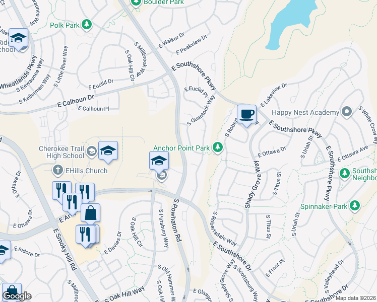 map of restaurants, bars, coffee shops, grocery stores, and more near 6823 South Quantock Way in Aurora