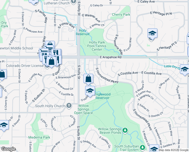 map of restaurants, bars, coffee shops, grocery stores, and more near 6827 South Ivy Street in Centennial