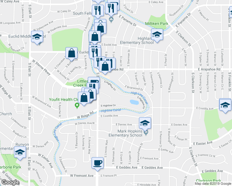 map of restaurants, bars, coffee shops, grocery stores, and more near 150 East Highline Circle in Centennial