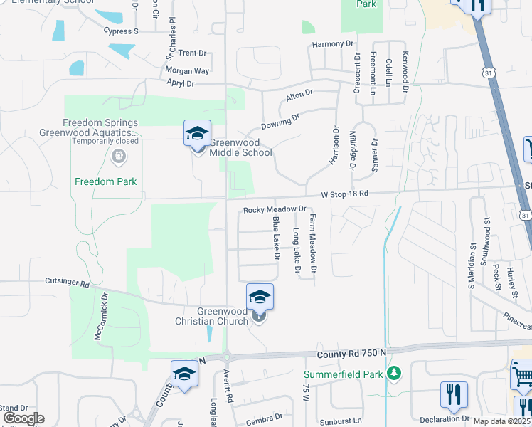 map of restaurants, bars, coffee shops, grocery stores, and more near 623 Rocky Meadow Drive in Greenwood