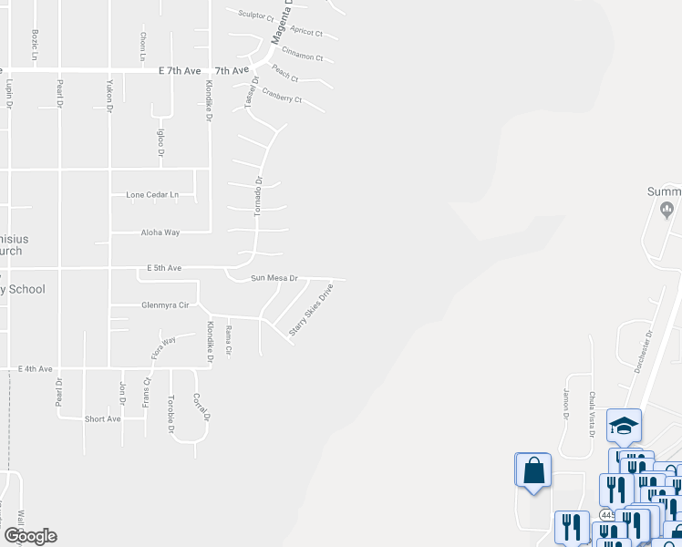 map of restaurants, bars, coffee shops, grocery stores, and more near 705 Sun Mesa Drive in Sun Valley