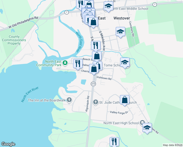 map of restaurants, bars, coffee shops, grocery stores, and more near 4 Cherry Street in North East