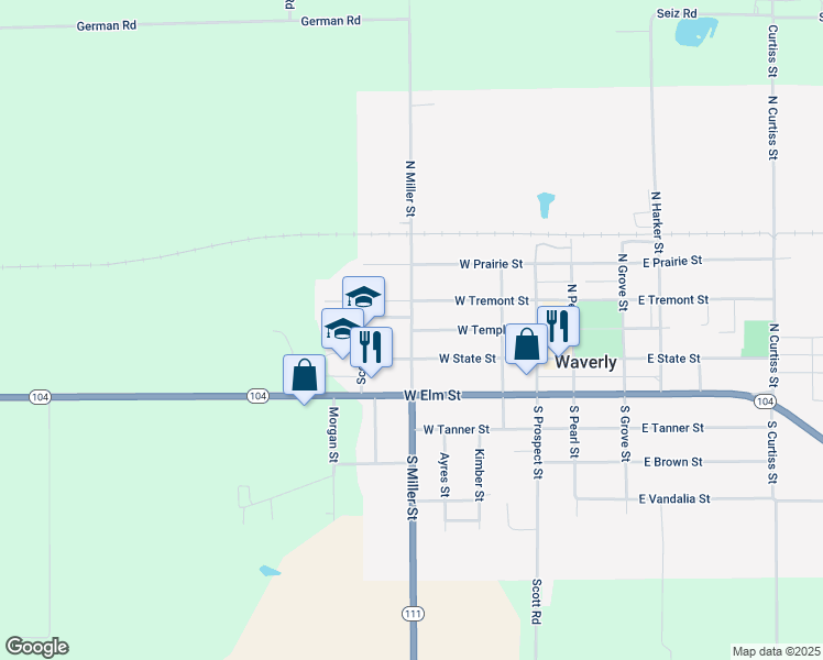 map of restaurants, bars, coffee shops, grocery stores, and more near 201 North Miller Street in Waverly