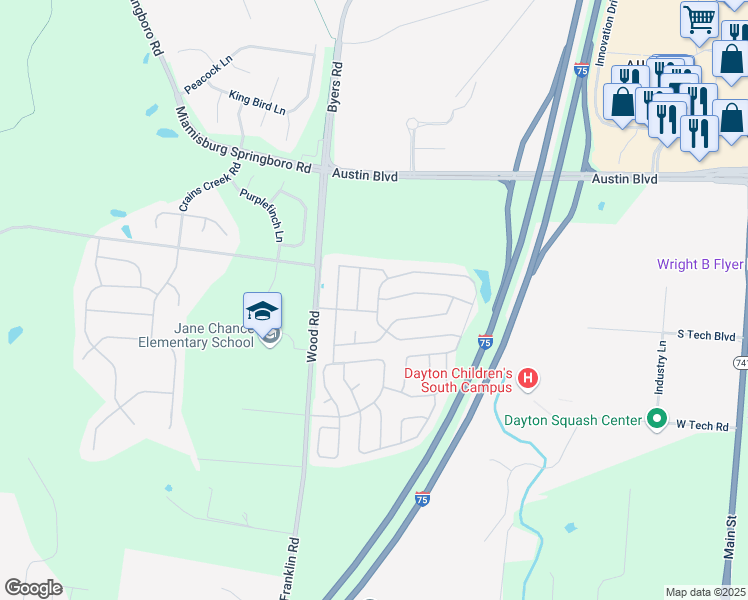 map of restaurants, bars, coffee shops, grocery stores, and more near 10839 Valette Circle West in Miamisburg
