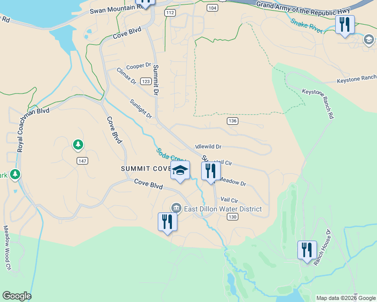 map of restaurants, bars, coffee shops, grocery stores, and more near 21 Redtail Court in Dillon