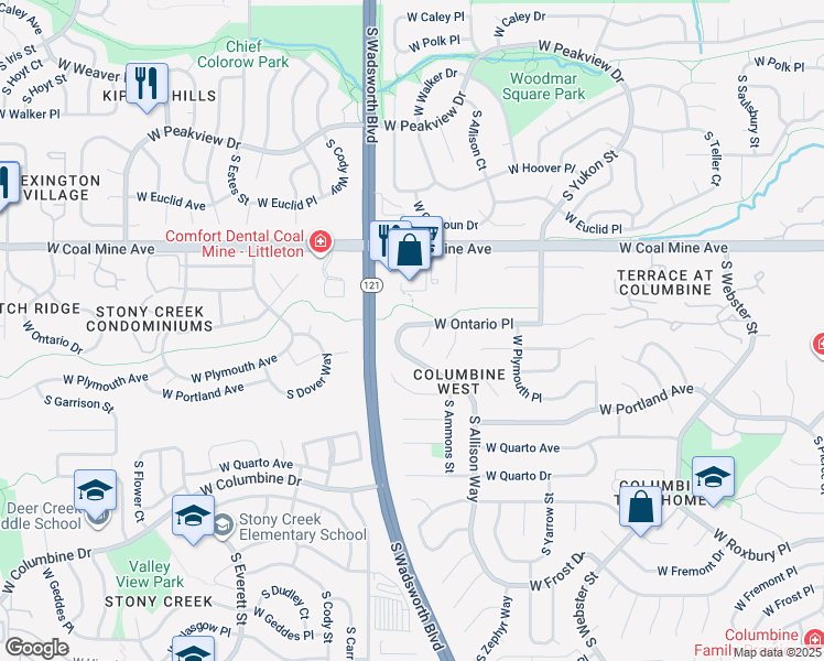 map of restaurants, bars, coffee shops, grocery stores, and more near 8014 West Ontario Place in Littleton